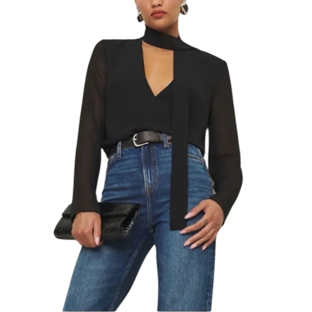 Reformation Junia Top long-sleeve, Sheer, neckline Tie, Solid Black, Size 12